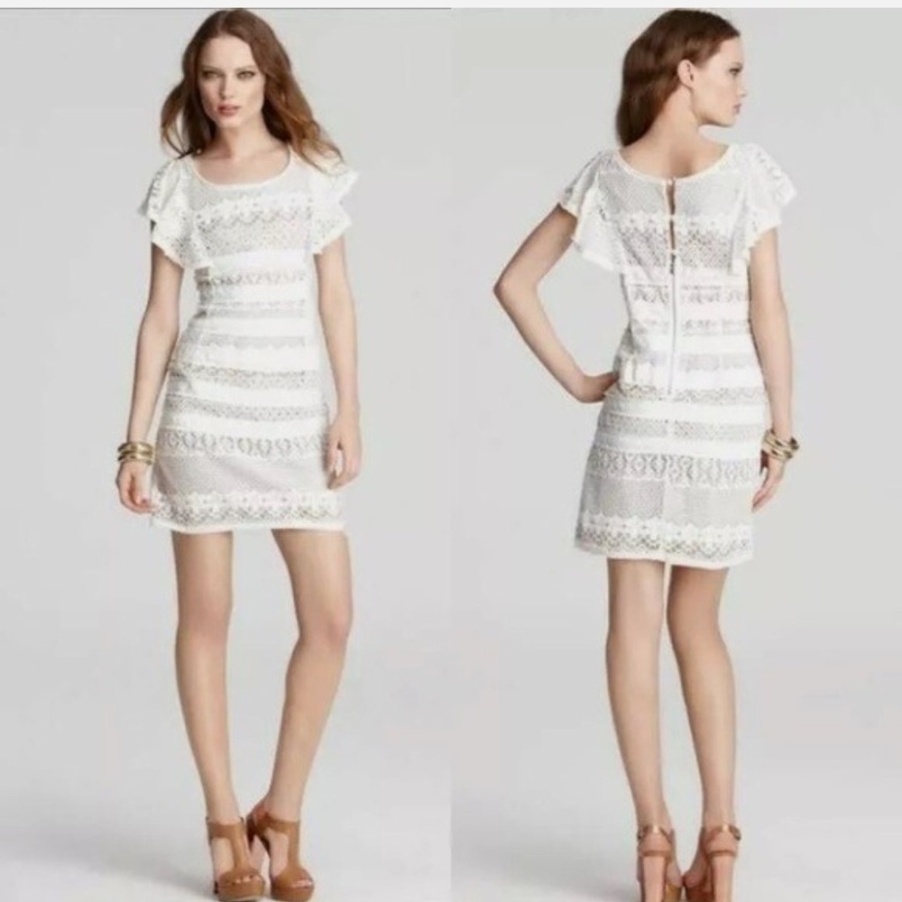 BCBGMaxAzria Renata White Ivory Lace MiniDress - Ruffle accent - Nude underlay 6
